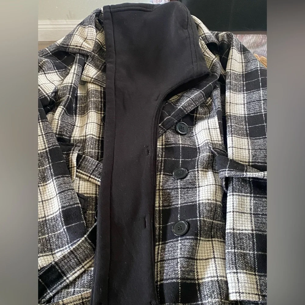 FASHION NOVA 🖤💖🤍PLAID BUTTON FRONT PEACOAT-WITH SASH & DETACHABLE HOODIE-XL - Picture 11 of 16